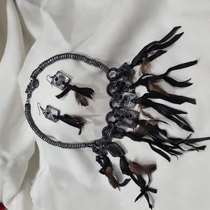 Necklace and earrings, black and gray
